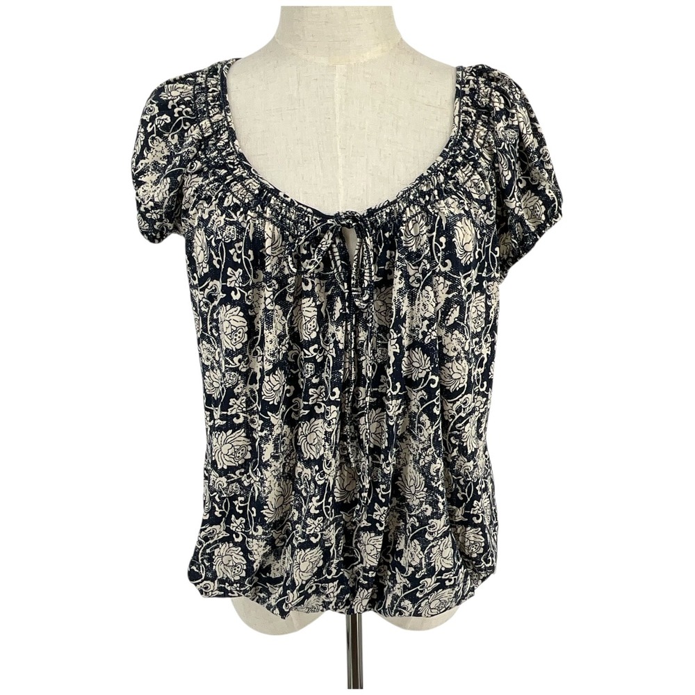Max Studio Womens Floral Print Smocked Neck Tie Short Sleeve Top L Cottagecore‎
